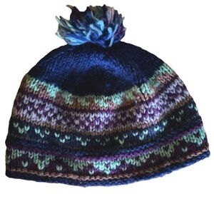 Gypsy Rose Wool Ski Hat Blue and Purple Fleece Lined Winter Hat with Pom Pom
